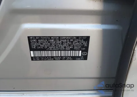 2007 Lexus Es 350 из США, поврежденный, VIN JTHBJ46GX72091888